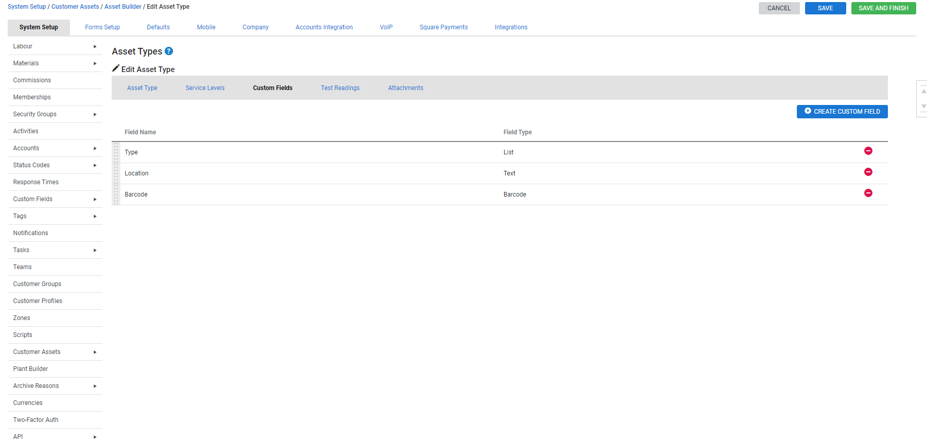 A screenshot of custom fields in an asset type.